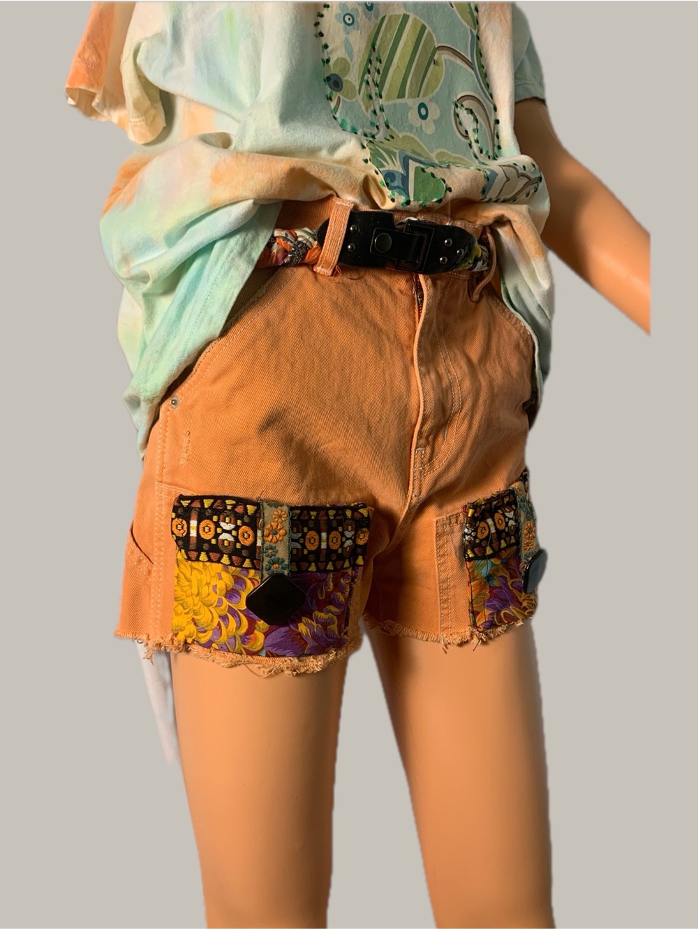 Boho Tan Patch Pocket Jean Shorts with Decorative Trim - Picture 5 of 12